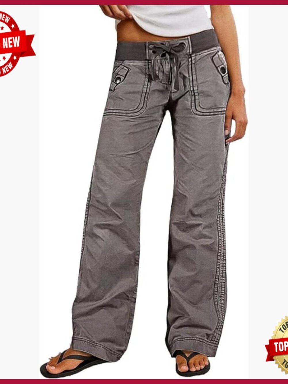Women's Straight Leg Cotton Pants Mid Rise Drawstring Casual